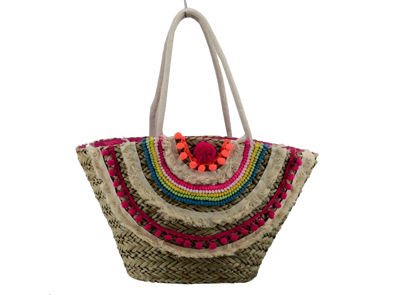 Borsa da spiaggia donna in paglia e tessuto - naturale e rosa con fantasia arcobaleno, frange e pompon, mini tasca laterale interna con cerniera, chiusura a coulisse - 50x16xh30cm - Vacchetti