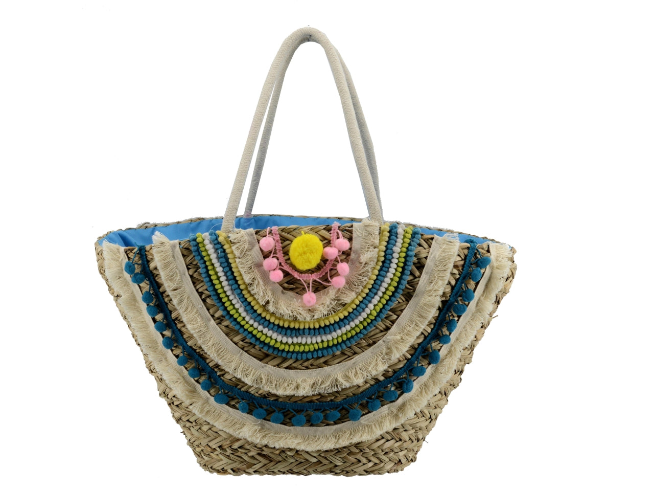 Borsa da spiaggia donna in paglia e tessuto - naturale e azzurra con fantasia arcobaleno, frange e pompon, mini tasca laterale interna con cerniera, chiusura a coulisse - 50x16xh30cm - Vacchetti