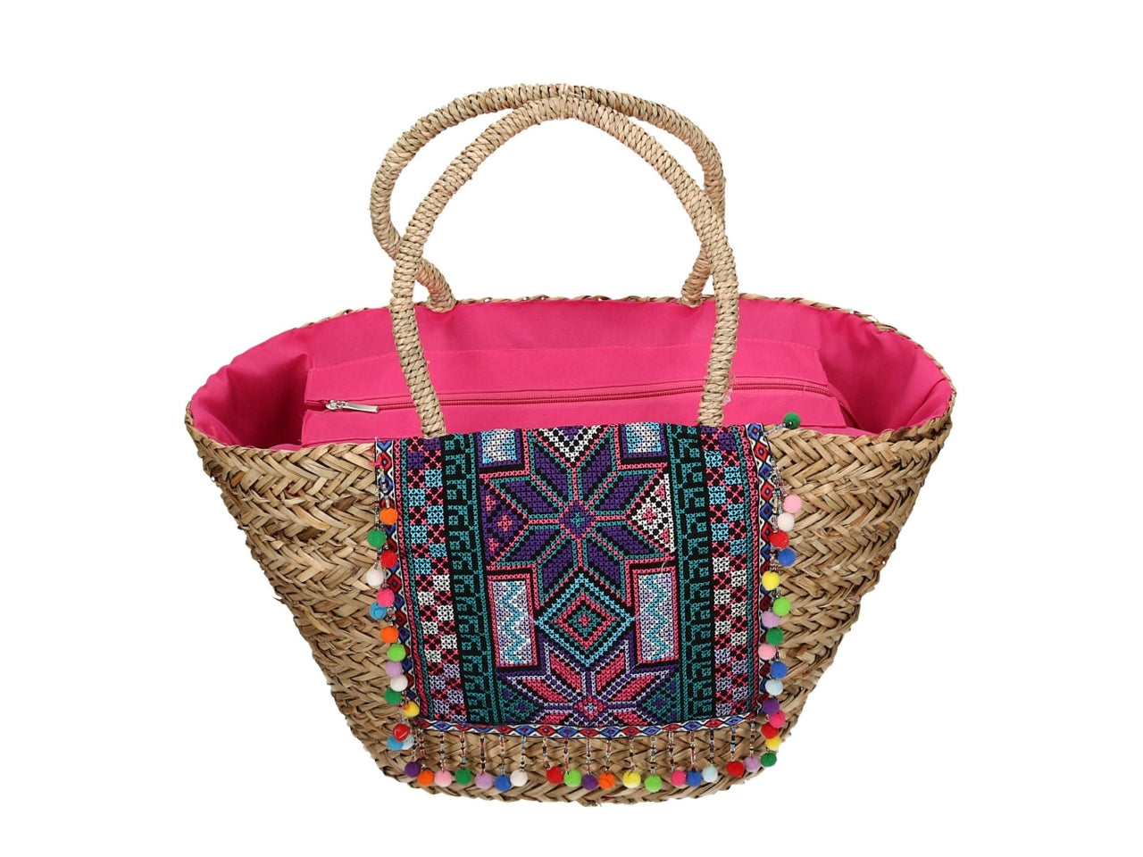 Borsa da spiaggia donna in paglia e tessuto, naturale e multicolor con fantasia floreale e pompon, mini tasca laterale interna, chiusura a cerniera - 58x18xh30cm - Vacchetti