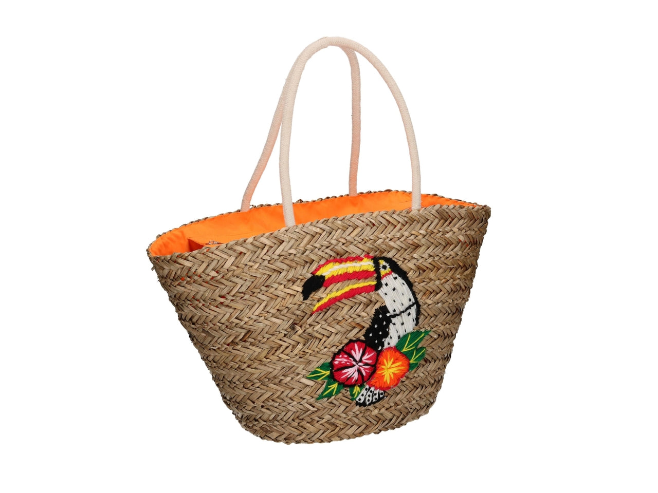 Borsa da spiaggia donna in paglia e tessuto, multicolor con fantasia floreale e dettaglio ricamato tucano, mini tasca laterale interna con cerniera - 58x18xh.30cm - vVacchetti