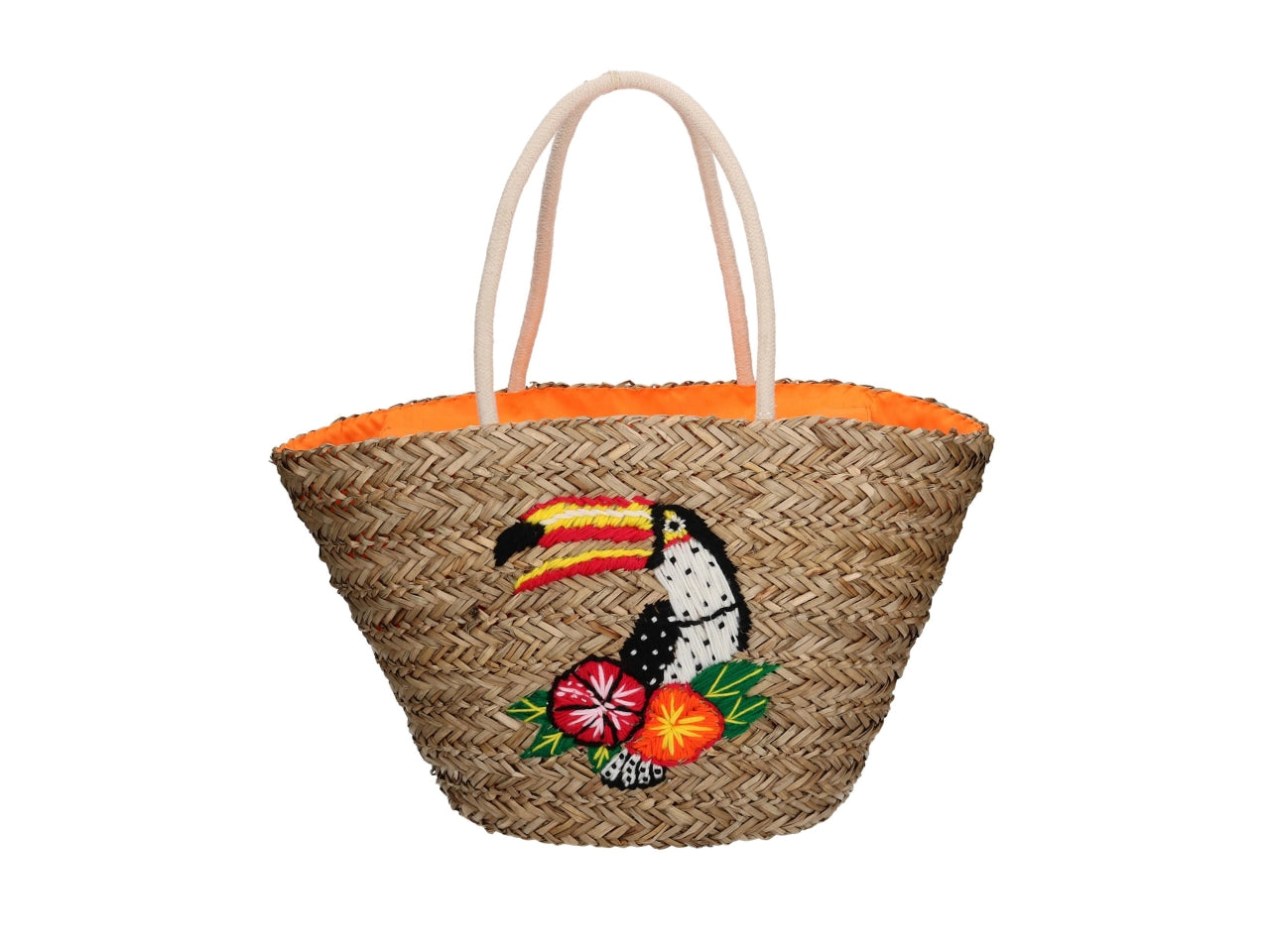 Borsa da spiaggia donna in paglia e tessuto, multicolor con fantasia floreale e dettaglio ricamato tucano, mini tasca laterale interna con cerniera - 58x18xh.30cm - vVacchetti