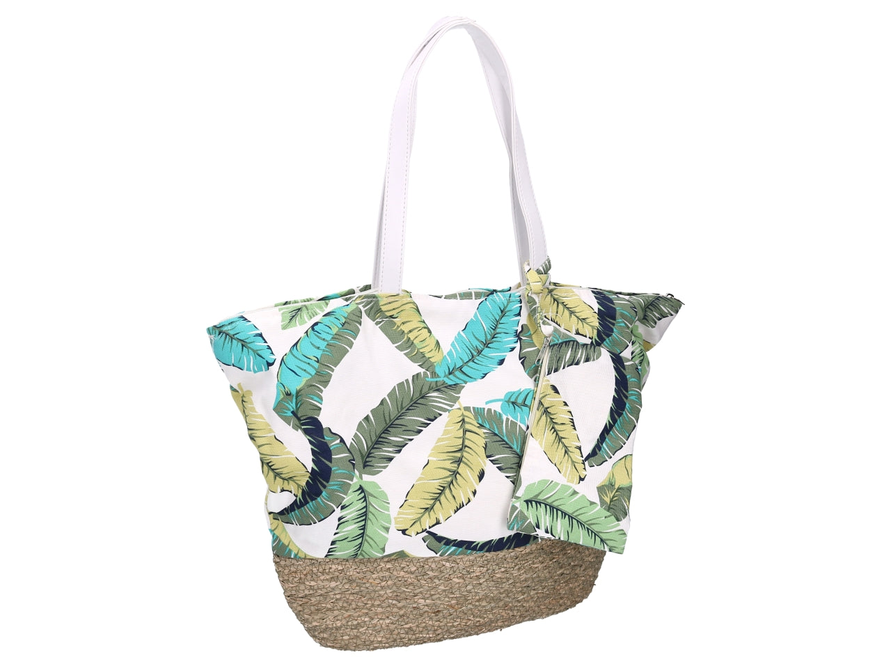 borsa da spiaggia donna in tessuto e rattan con fantasia tropicale e maniglie in similpelle - multicolore con mini pochette inclusa, tasca laterale interna, chiusura a zip - 47x12xh.38/60cm - vacchetti
