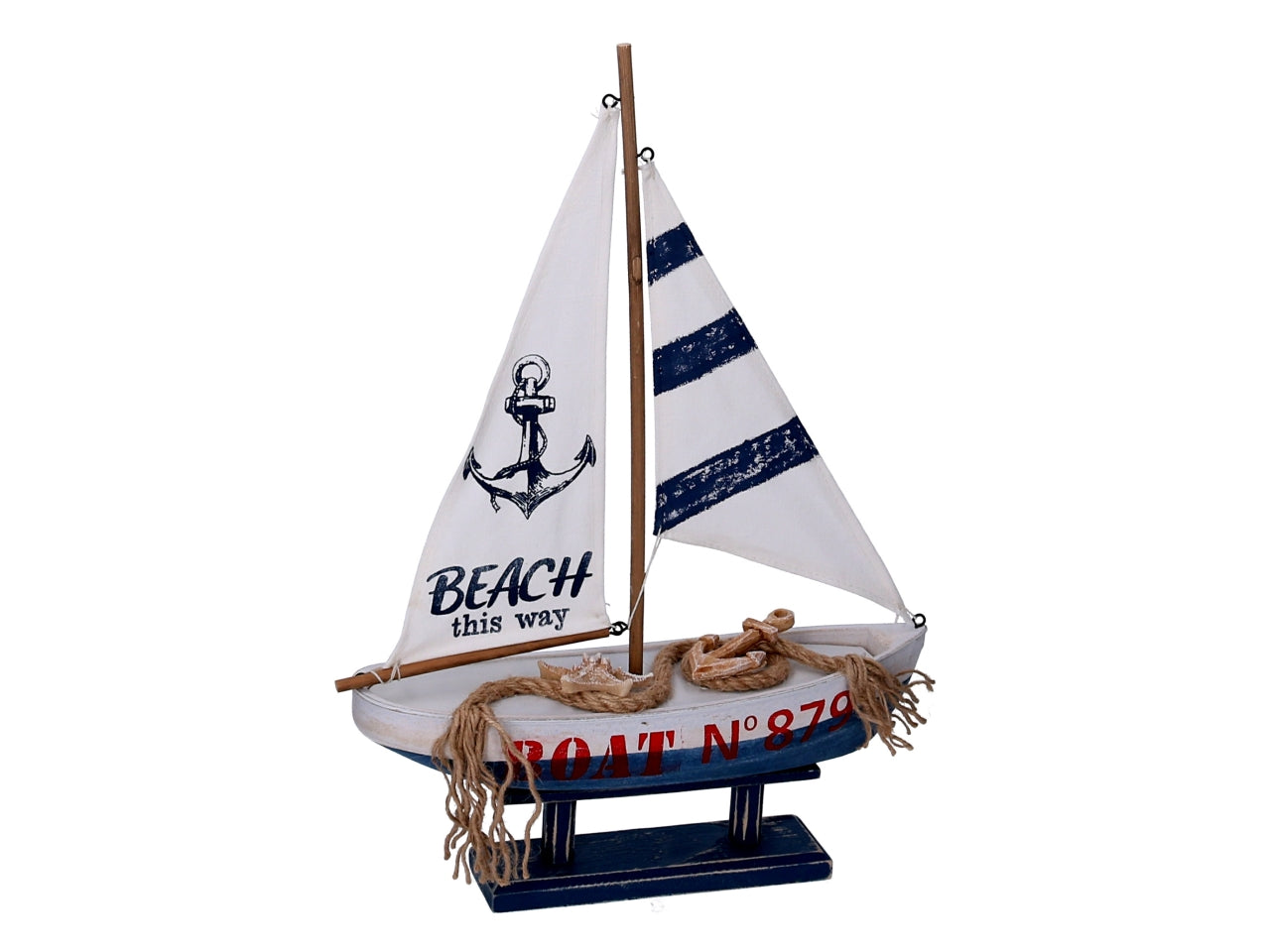 Barca decorativa in legno colore bianco e blu stile marinaro - 28x8x41 cm - Vacchetti