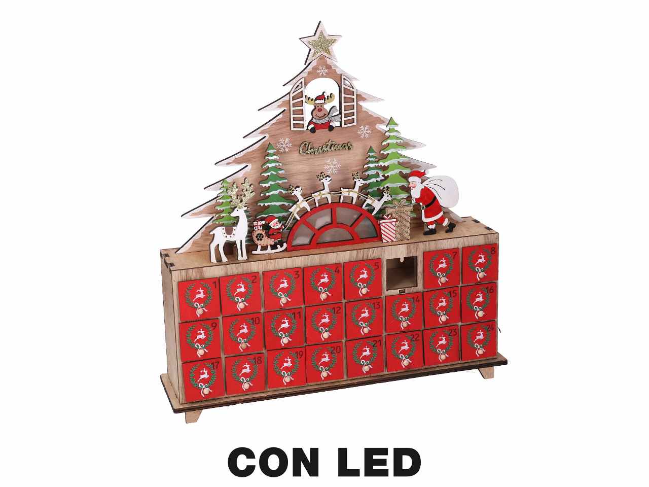 Calendario legno led albero rosso cm31x8x34,5
