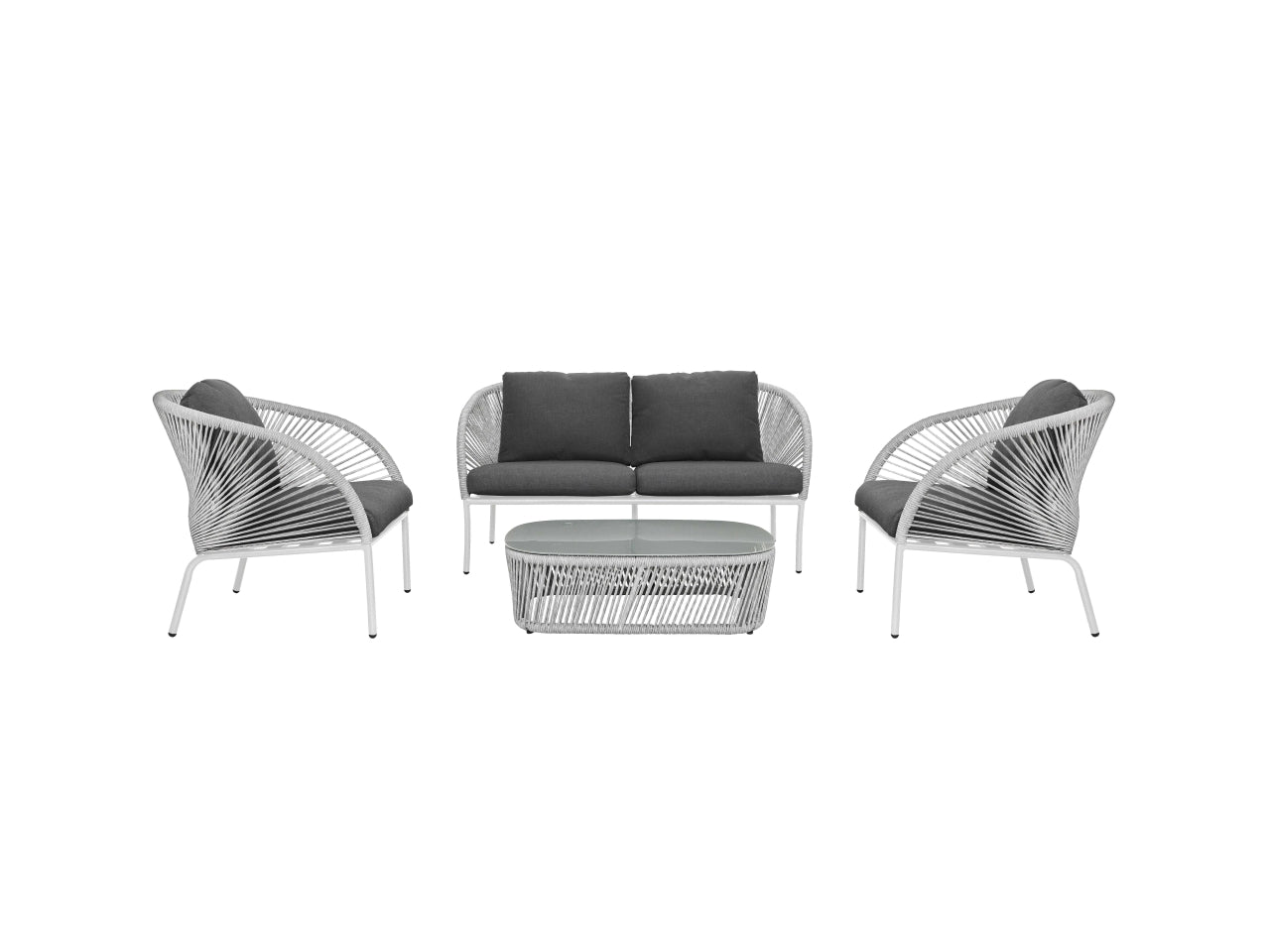 Set da giardino in alluminio bianco, moderno con cuscini grigio antracite - 2 poltrone + divano 2 posti + tavolino vetro - Vacchetti