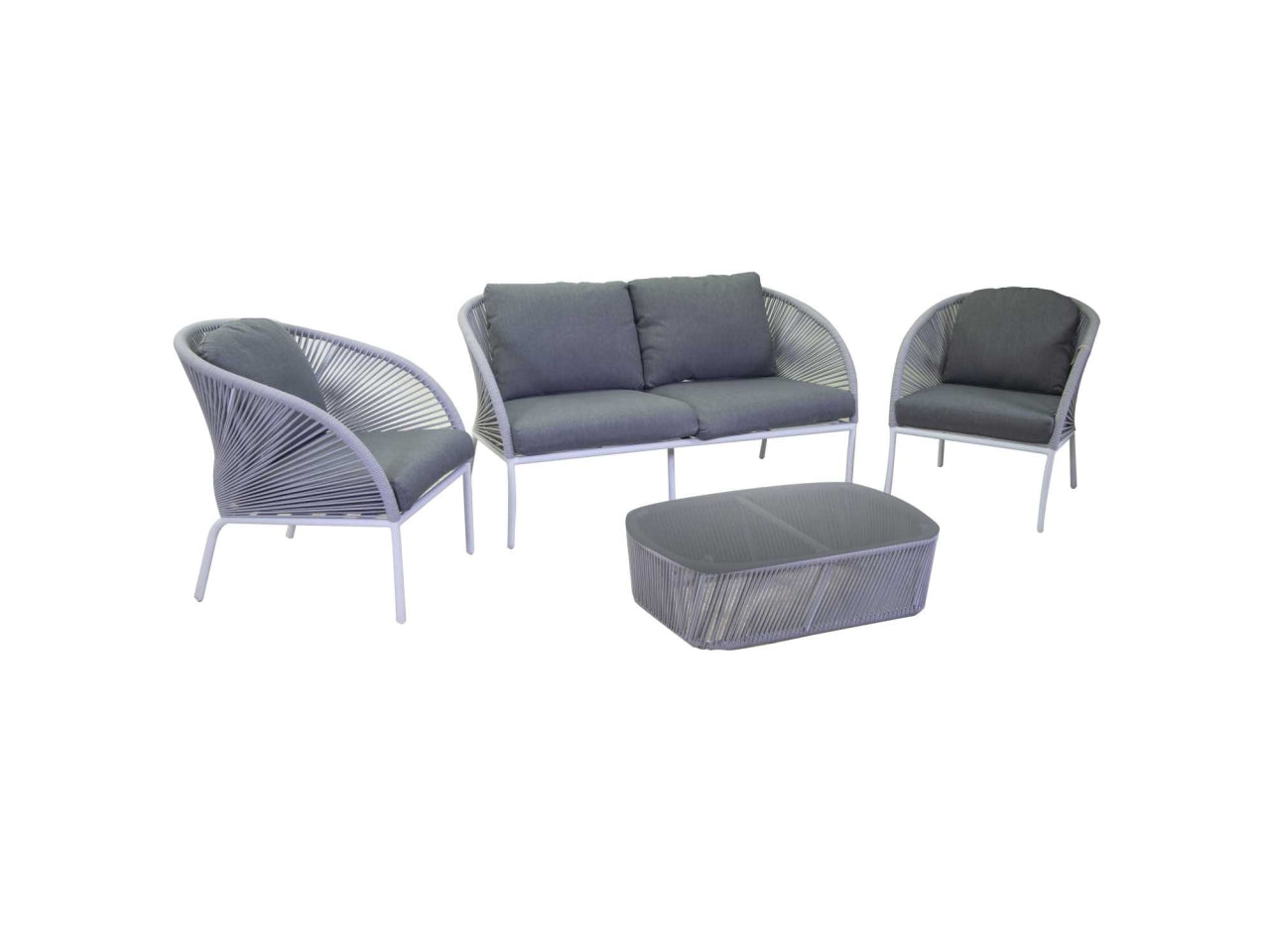 Set da giardino in alluminio bianco, moderno con cuscini grigio antracite - 2 poltrone + divano 2 posti + tavolino vetro - Vacchetti