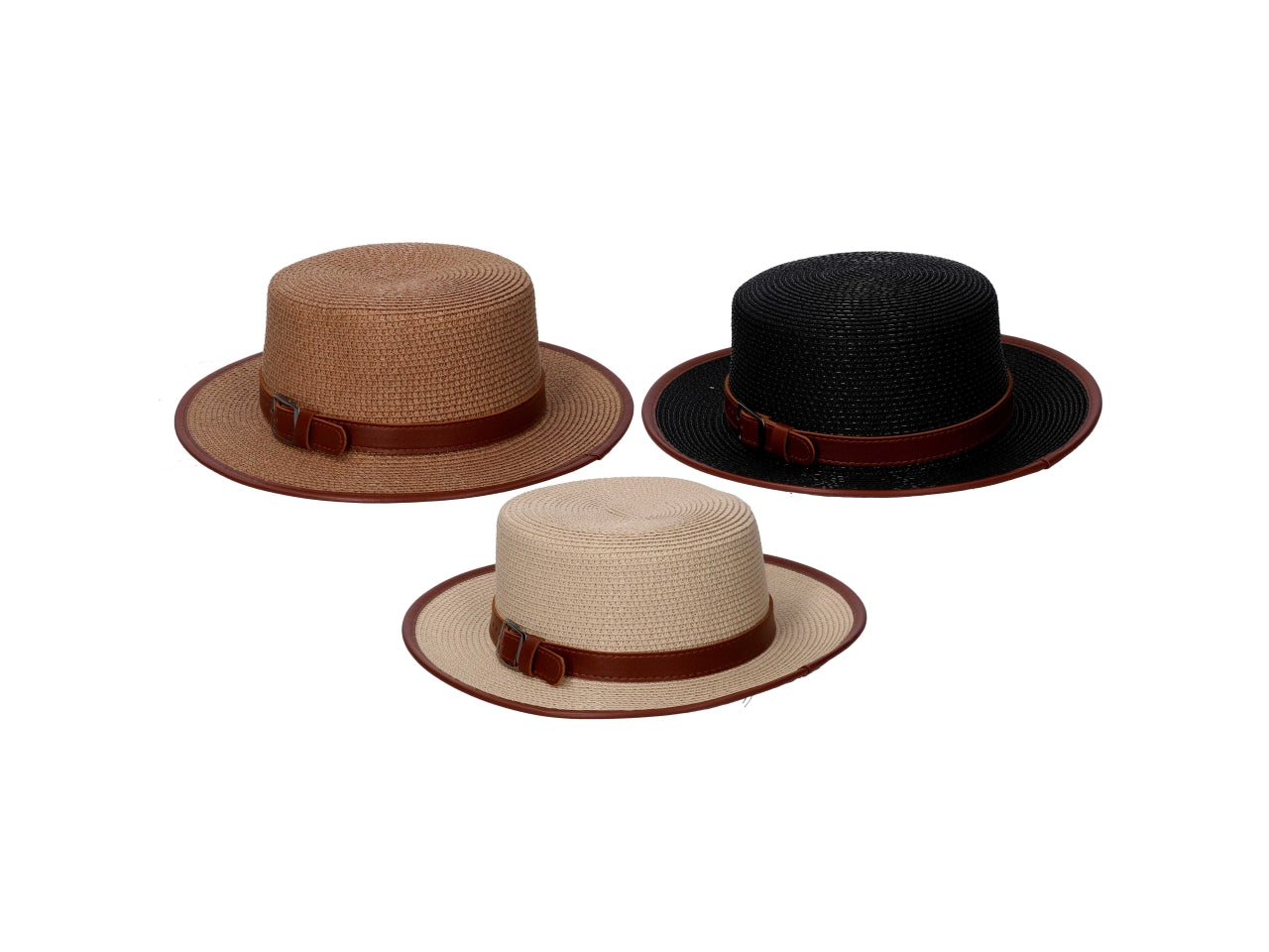 cappello mare donna adulto in carta e poliestere con fibbia e finiture in similpelle - regolabile con fascia a strappo - ampia falda 7 cm - assortimento 3 colori - d.33cm h.10cm - Vacchetti