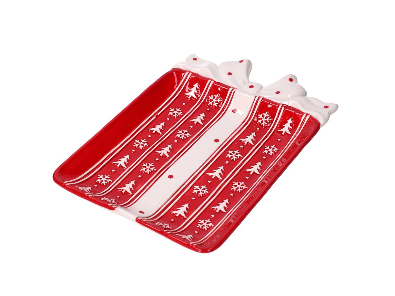 Svuotatasche in ceramica a forma di pacco regalo con decori bianchi misura 21x14,5xh.3cm
