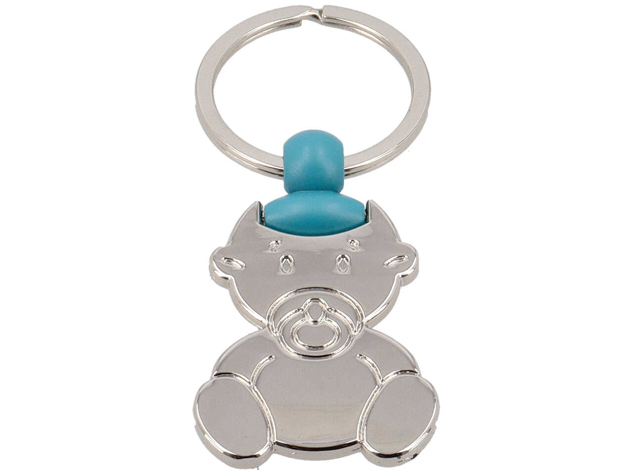Portachiavi con orsetto di colore azzurro e ciuccio in metallo