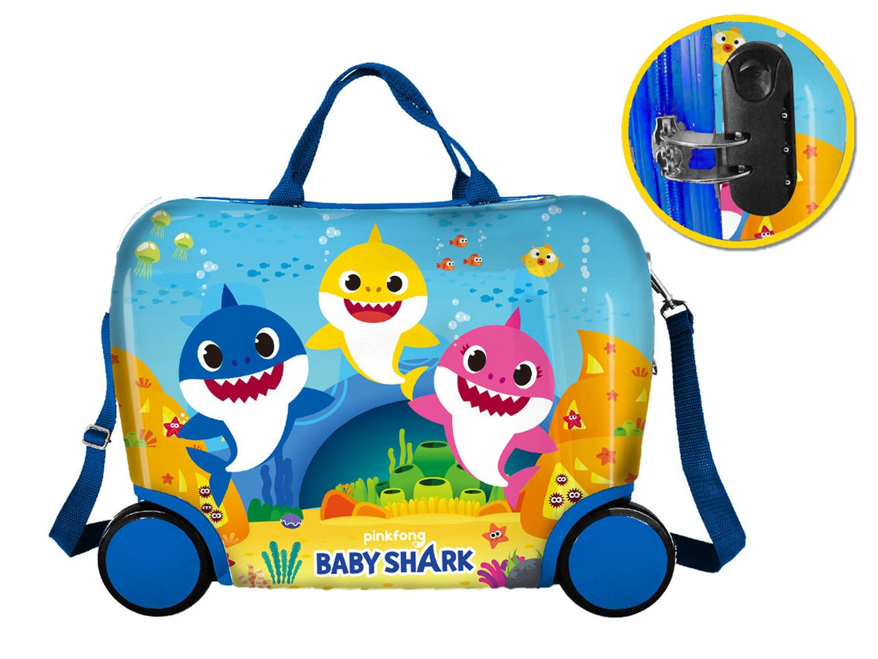 Trolley bagaglio a mano cavalcabile Baby Shark in abs e metallo azzurro, 42x31x21 cm - Coriex