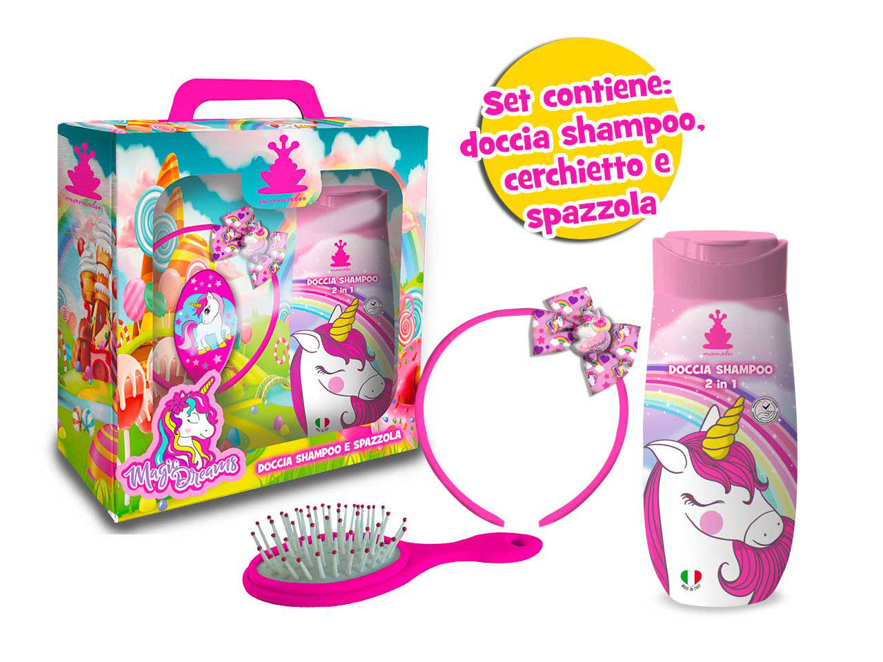Unicorno set doccia con accessori per capelli