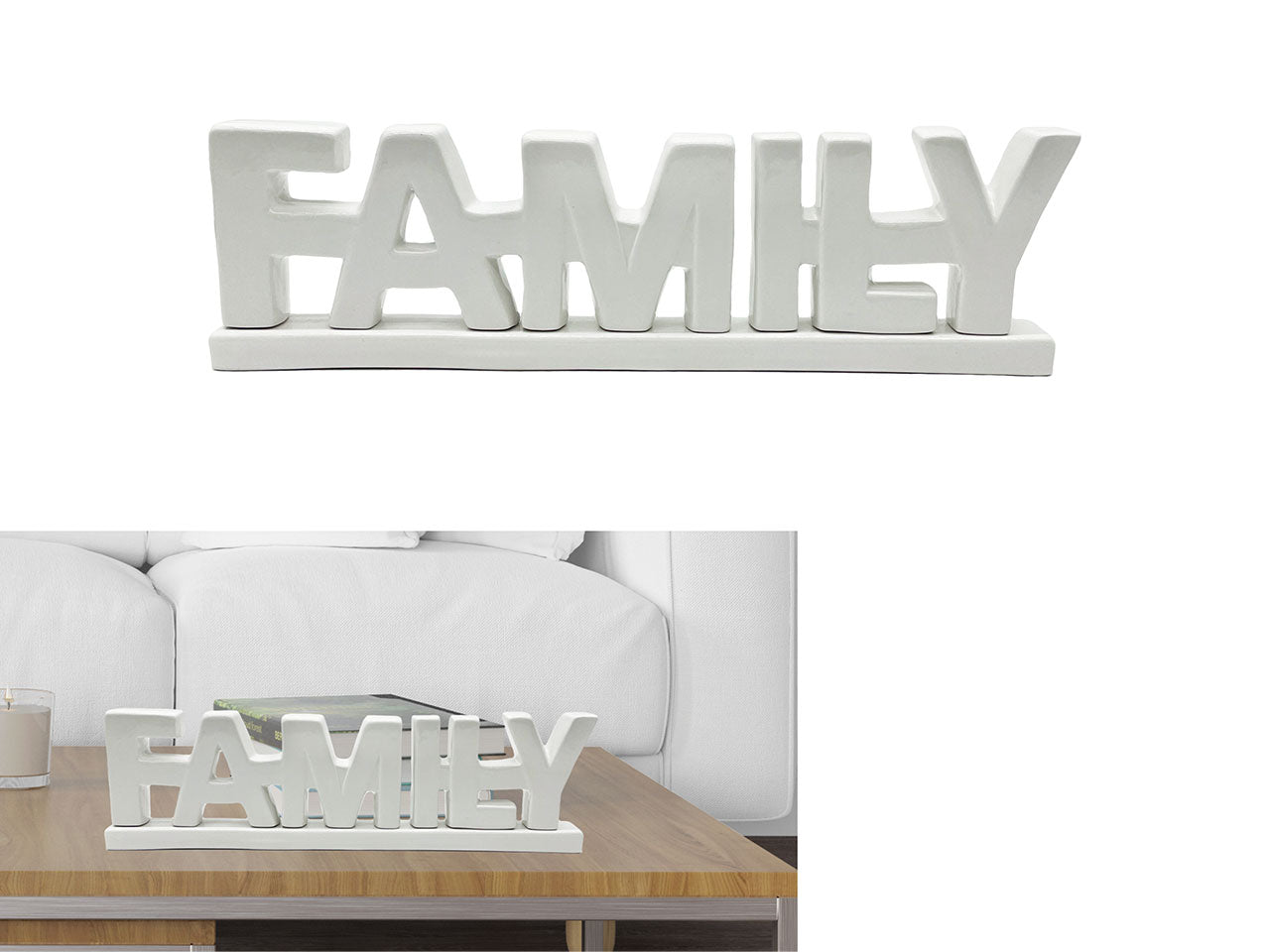 Soprammobile scritta Family in ceramica bianco 30,7x2,8x8,8 cm - Giardini di Marzo