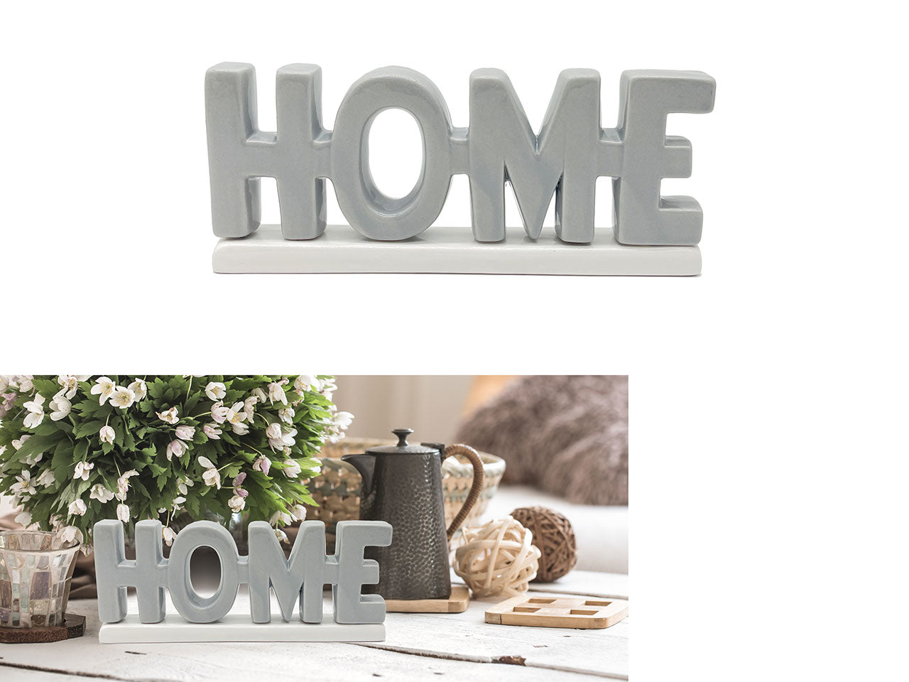 Soprammobile scritta home in ceramica grigio e bianco 21x2,8x8,8 cm - Giardini di Marzo