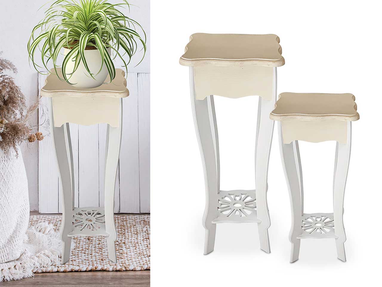 Piedistallo in legno shabby chic beige e bianco uso interno, set da 2 pezzi - Giardini di Marzo