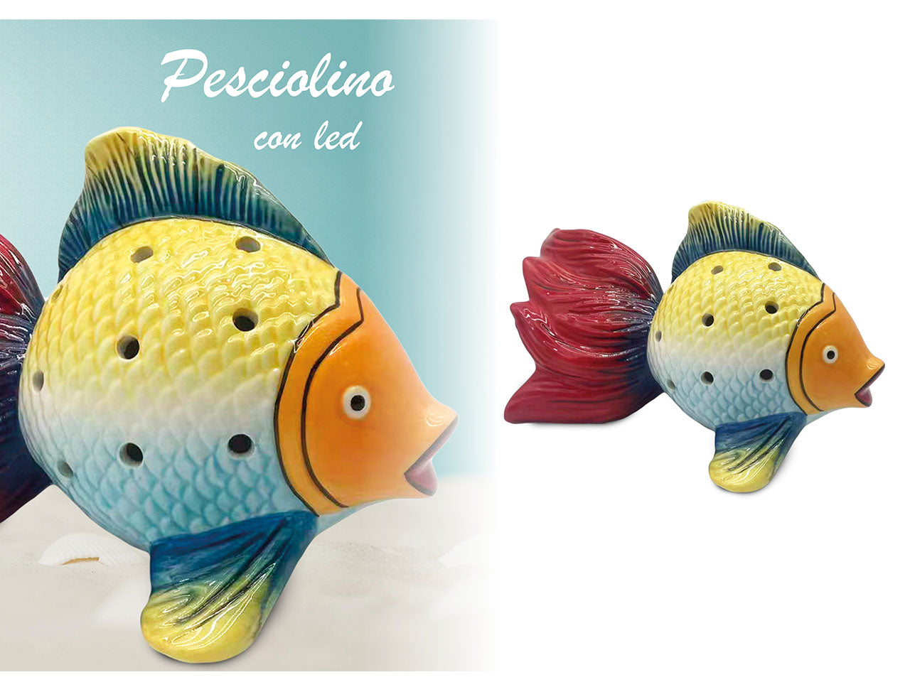 Statua pesce con led scultura in ceramica stile marinaro multicolor 24x12x13,5 cm - Giardini di Marzo