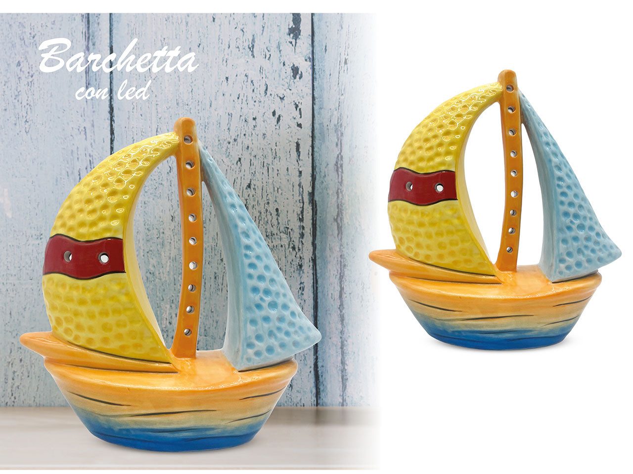 Statua decorativa barca con led in ceramica stile marinaro multicolor 19x8,7x20 cm - Giardini di Marzo