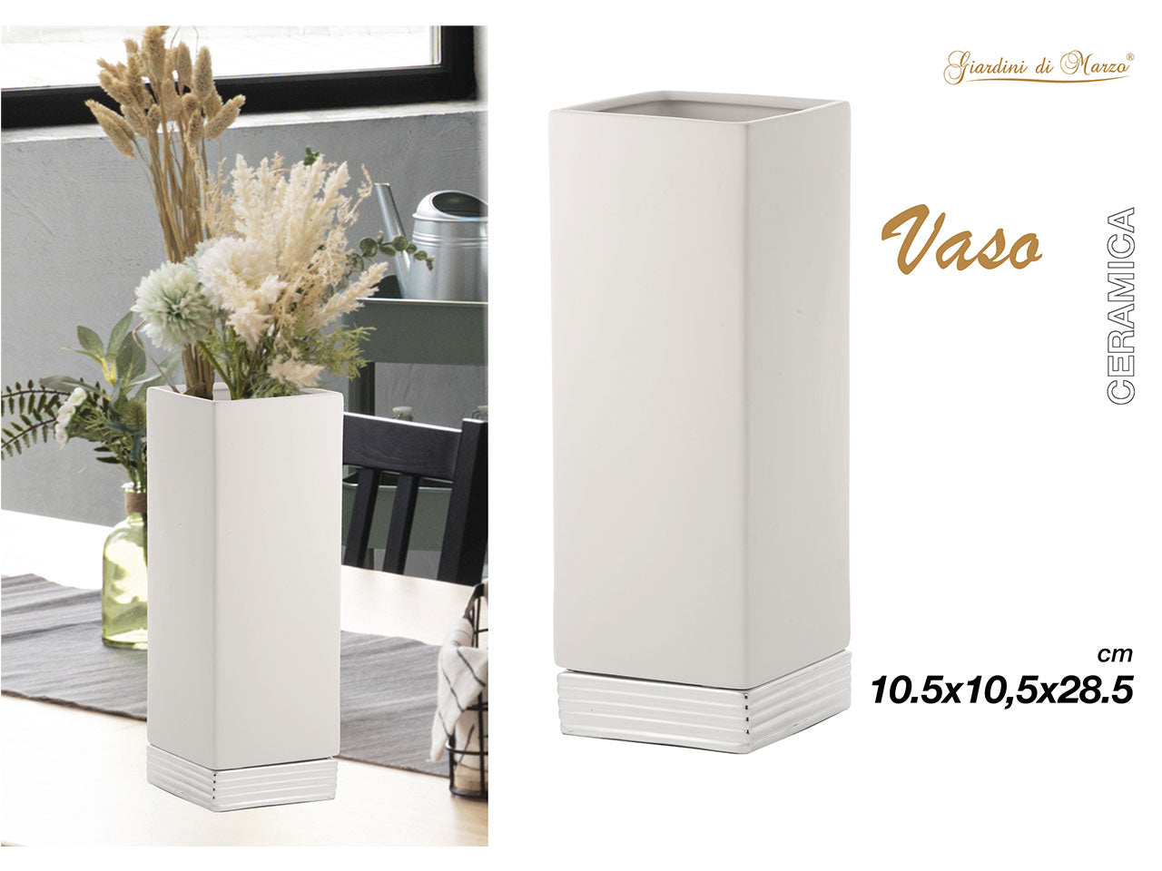 Vaso quadrato in ceramica 10,5x10,5xh.28,5cm con base argento