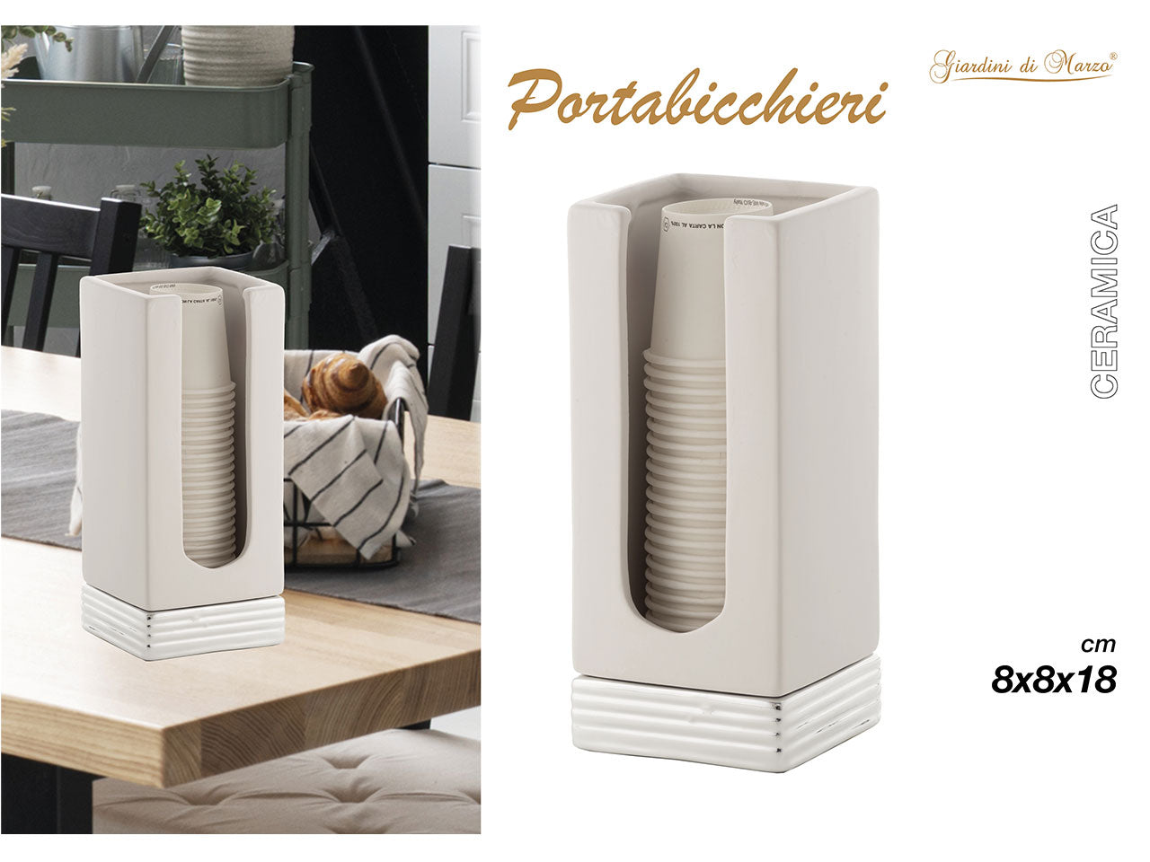 Porta bicchieri quadrato in ceramica 8x8xh.18cm con base argento