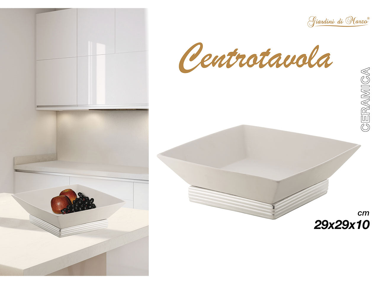 Centro tavola quadrato in ceramica 29x29xh.10cm con base argento