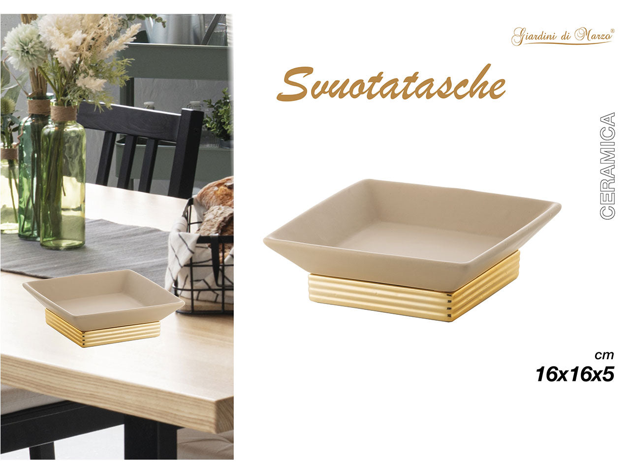 Svuota tasche quadrato in ceramica 16x16xh.5cm con base oro