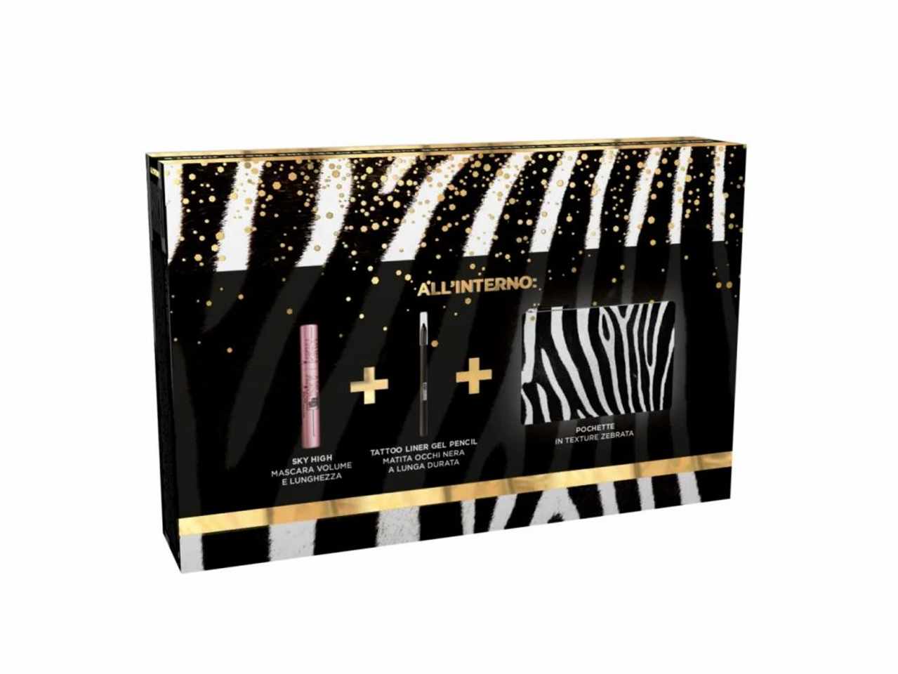 Maybelline urban jungle set regalo. contenuto: pochette in texture zebrata, sky high mascara volume e lunghezza, tattoo liner gel pencil matita occhi nera a lunga durata