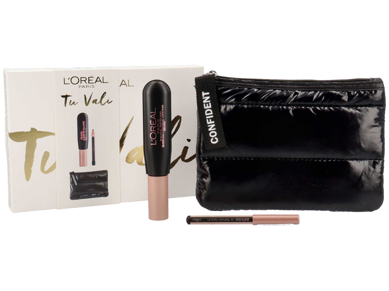 Mini pochette in piumino nera L'oreal Paris Tu vali con mascara air volume 30h mega black e mini matita nera