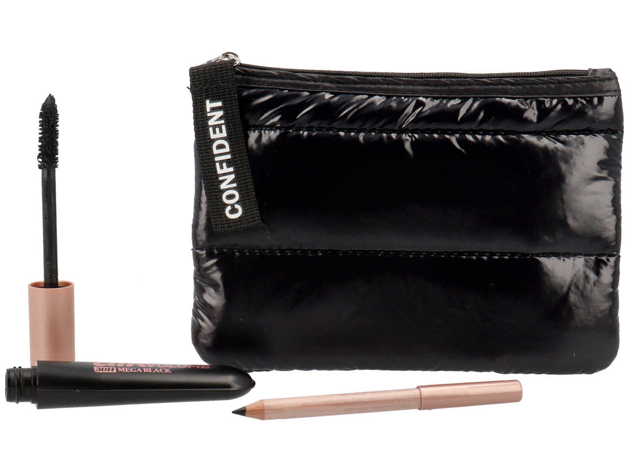 Mini pochette in piumino nera L'oreal Paris Tu vali con mascara air volume 30h mega black e mini matita nera