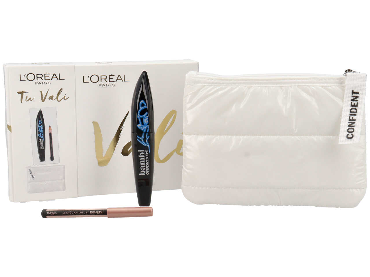 Mini pochette in piumino bianca L'oreal Paris Tu vali con mascara Bambi oversized eye e mini matita Paradise nera.