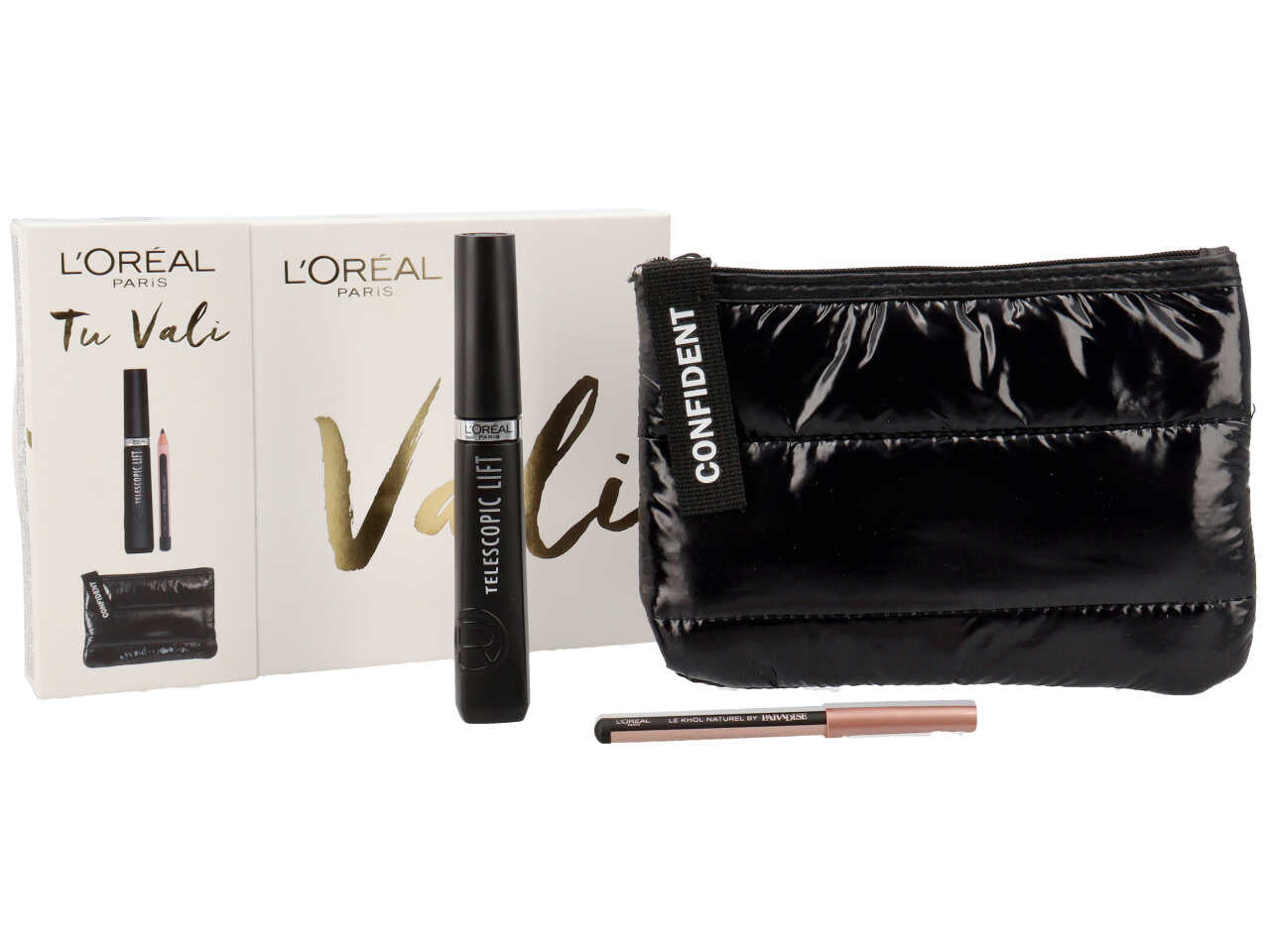 Mini pochette soffice in piumino nera L'oreal Paris Tu vali con mascara Telescopic Lift nero e matita nera