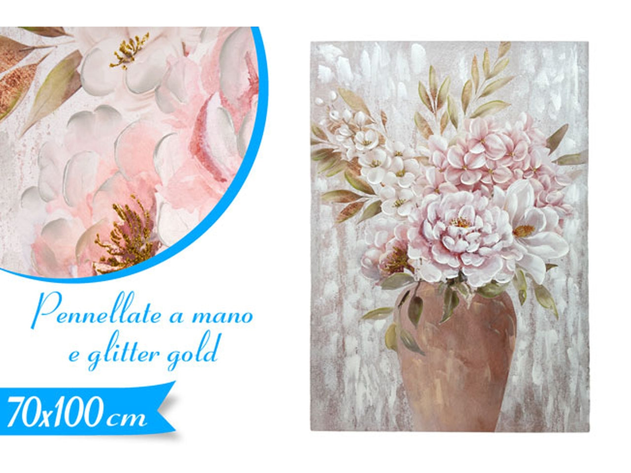 Quadro da parete country con pennellate a mano e glitter oro, fantasia floreale senza cornice 100x70 cm - Golden Hill