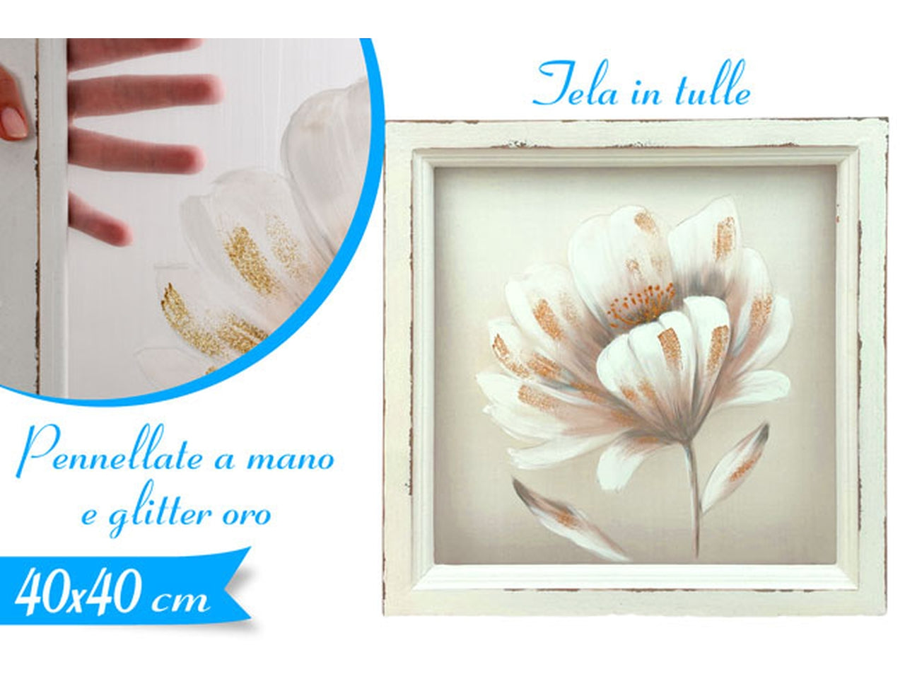 Quadro da parete country bianco e oro su tela semitrasparente con cornice, 40x40 cm - Golden Hill