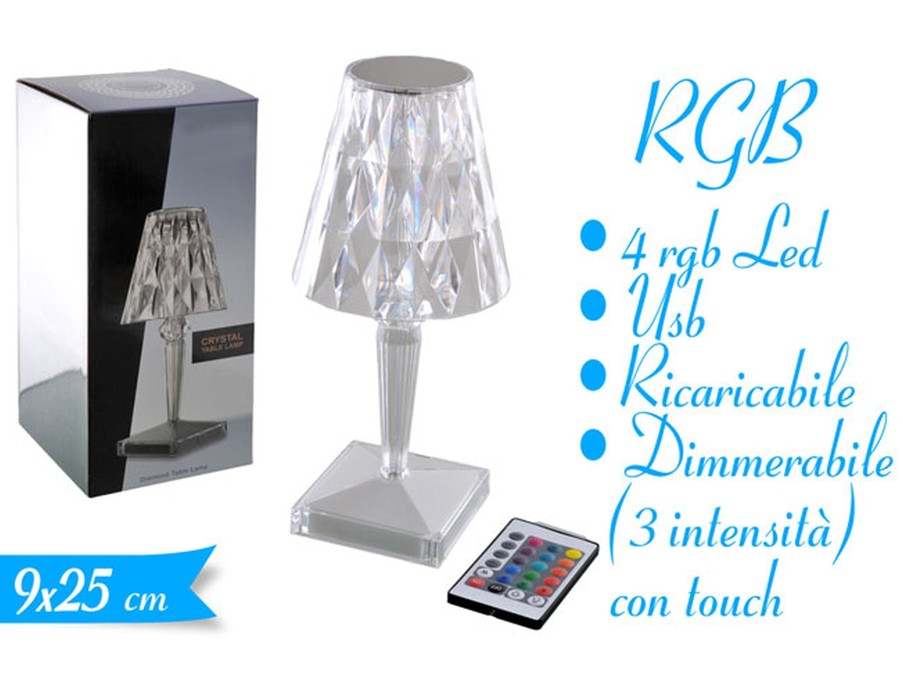 Lampada touch da tavolo ricaricabile stile classico, cristal trasparente con luce led vari colori e telecomando, 25 cm - Golden Hill