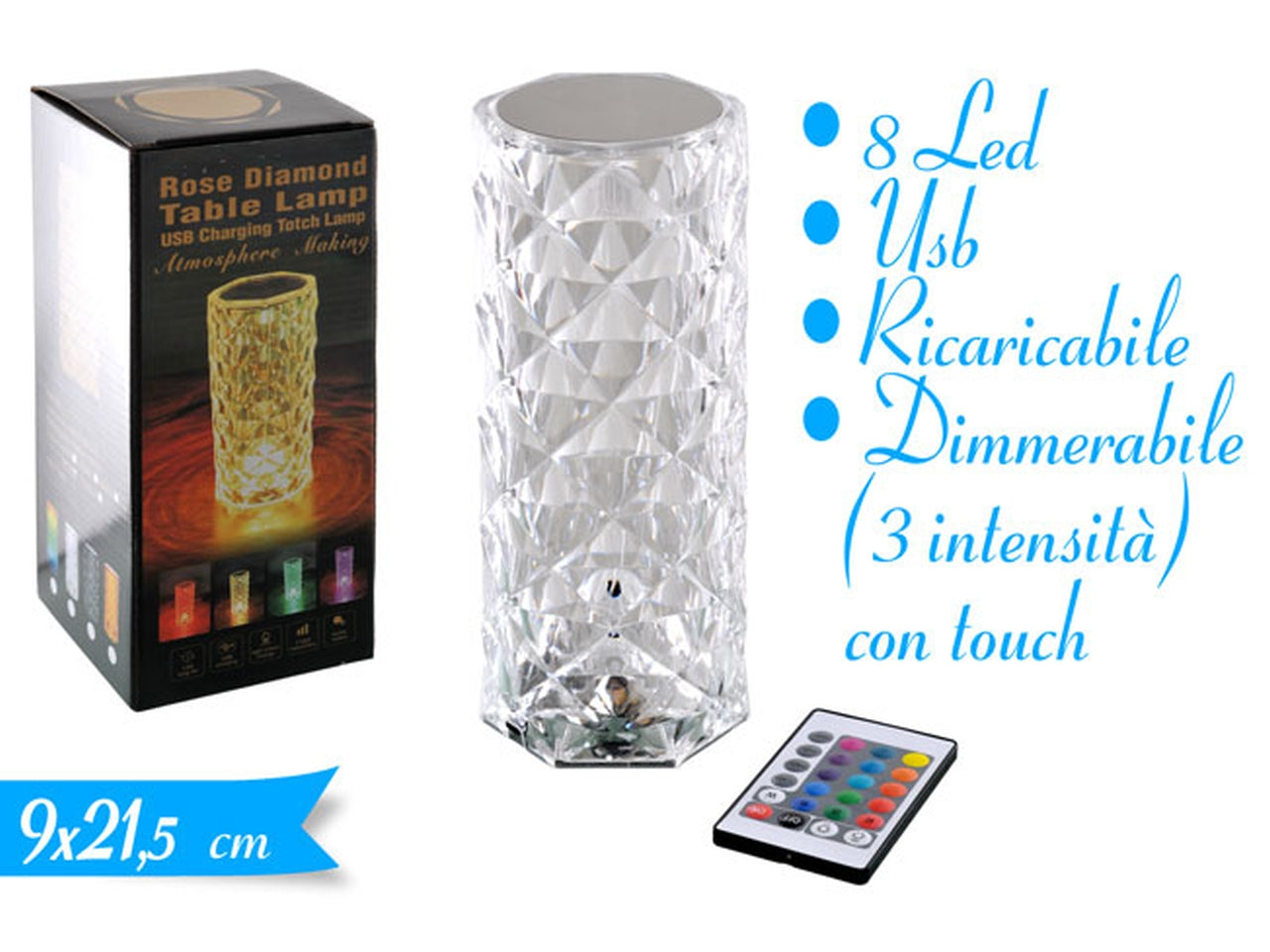 Lampada touch da tavolo ricaricabile stile classico, cristal trasparente cilindrica con luce led vari colori e telecomando, 21,5 cm - Golden Hill