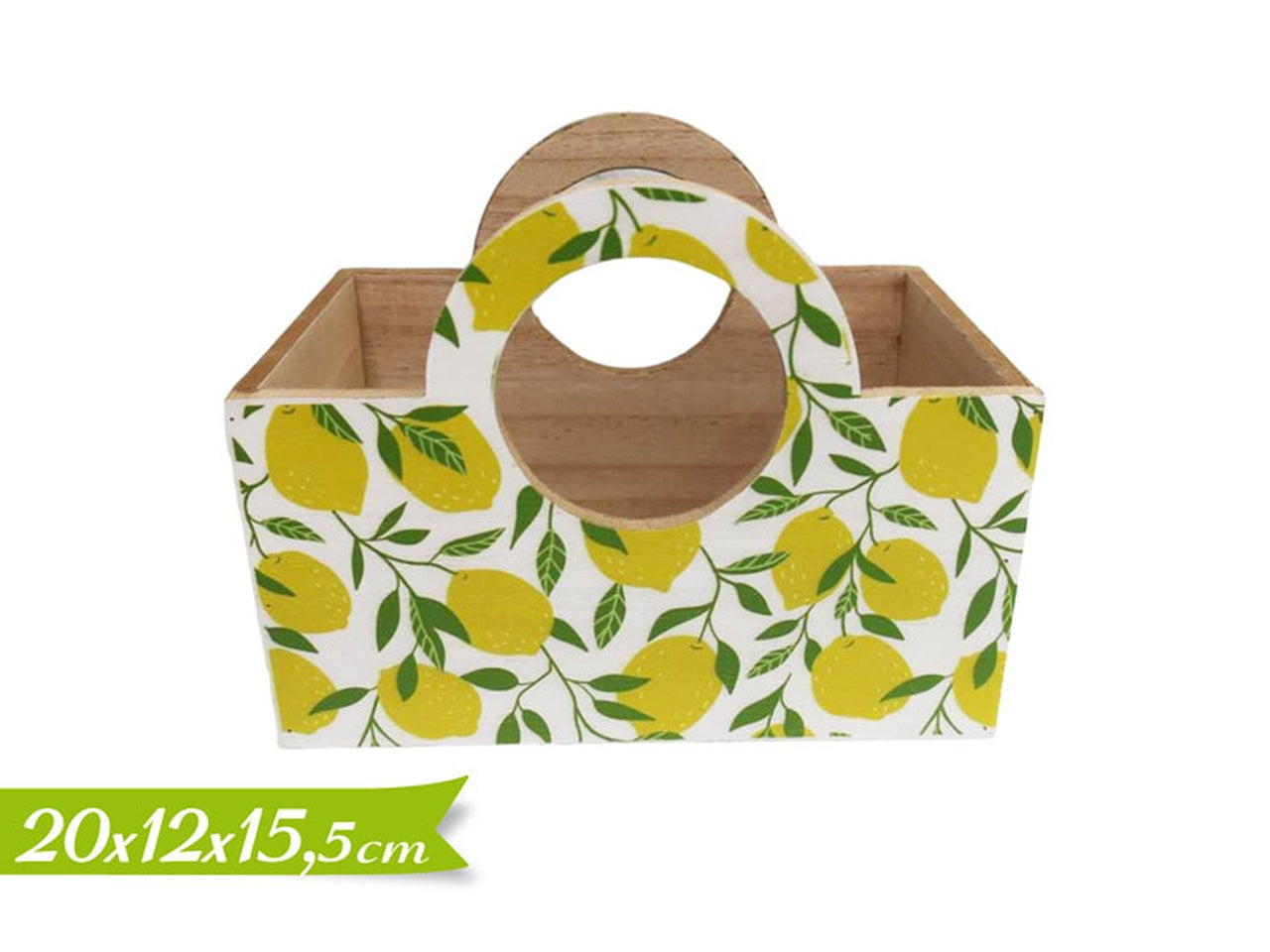 Cesto portatutto stile mediterraneo in legno, fantasia limoni 20x12xh.15,5 cm - Golden Hill