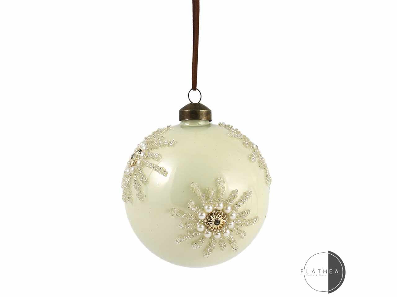 Sfera in vetro avorio con decorazioni floreali d.12cm