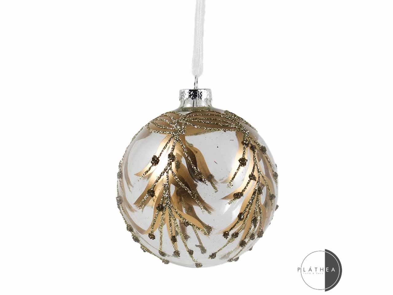 Sfera in vetro trasparente con foglie oro d.12cm
