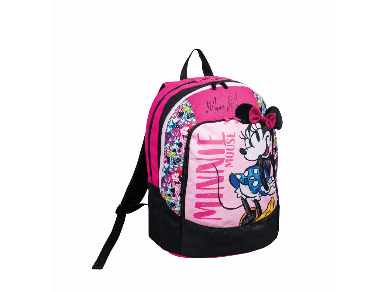 Zaino scuola Minnie con doppio scomparto, orecchie e fiocco applicati e tasca laterale porta borraccia, 31x43x21 cm - Seven