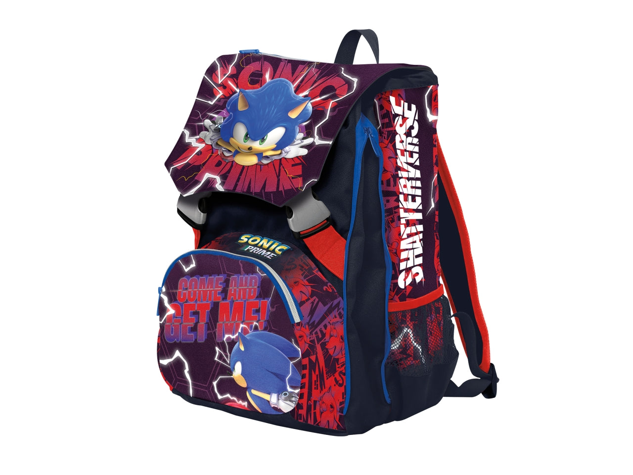 Zaino scuola Sonic sdoppiabile in tessuto con stampa imbottita e tasca laterale porta borraccia,28x40x13 cm - Seven