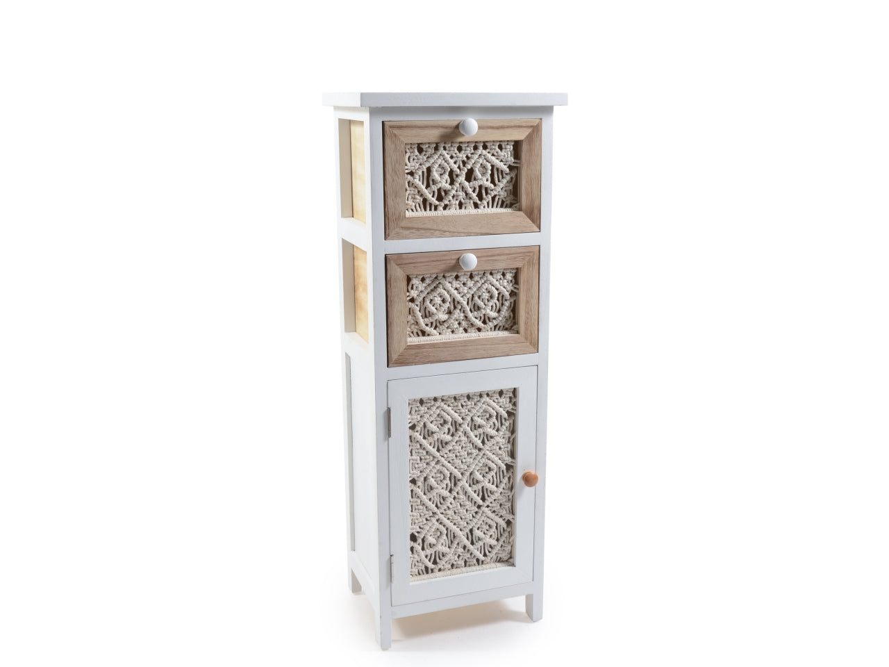 Mobiletto con 2 cassetti e anta in legno stile boho naturale e bianco 30x24x82 cm - Mercury
