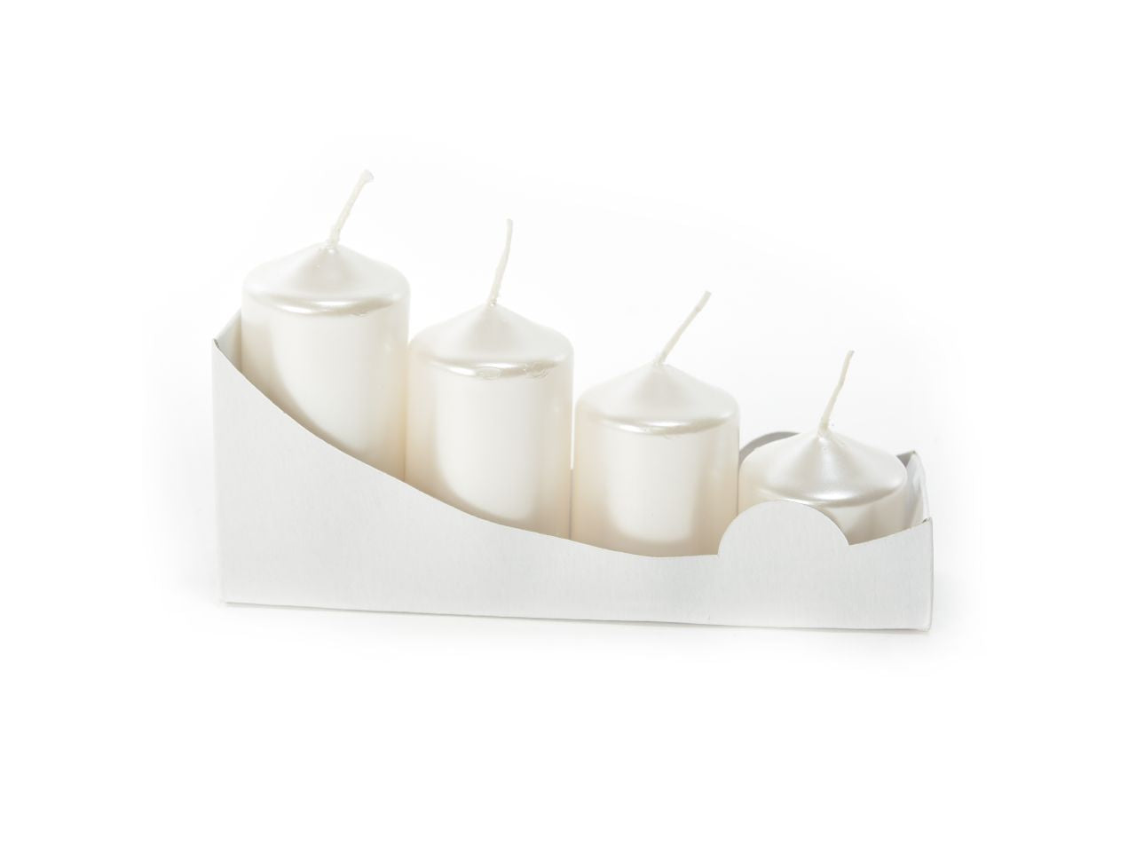 Candele natalizie pillar linea avvento - set da 4 candele colore lucid perla misura h8,5, 7, 5,5, 4cm x d.4cm in scatola bianca