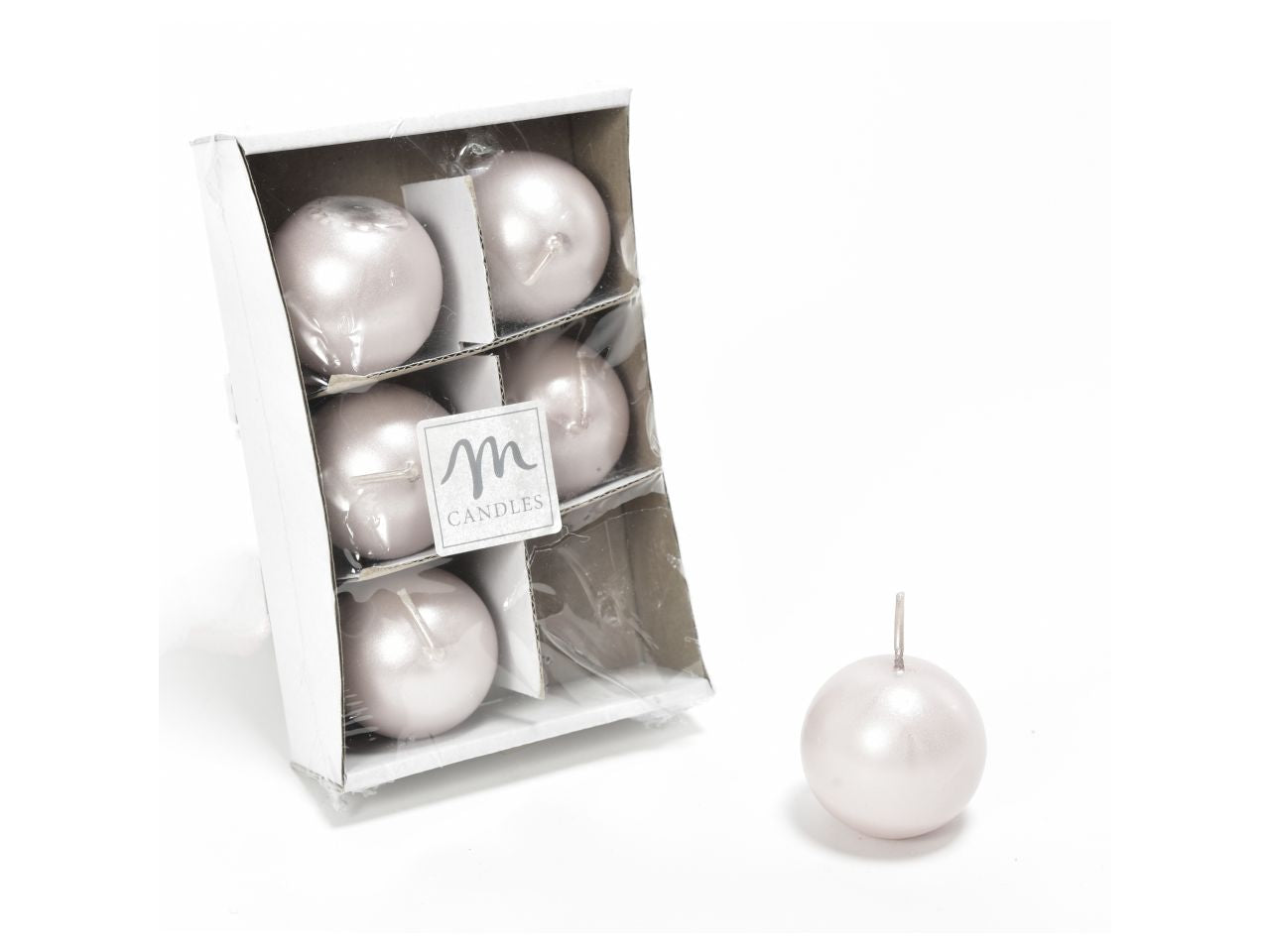 Candele natalizie sfera in cera linea lucid set - da 6 candele colore perla misura d.4,5cm in scatola bianca