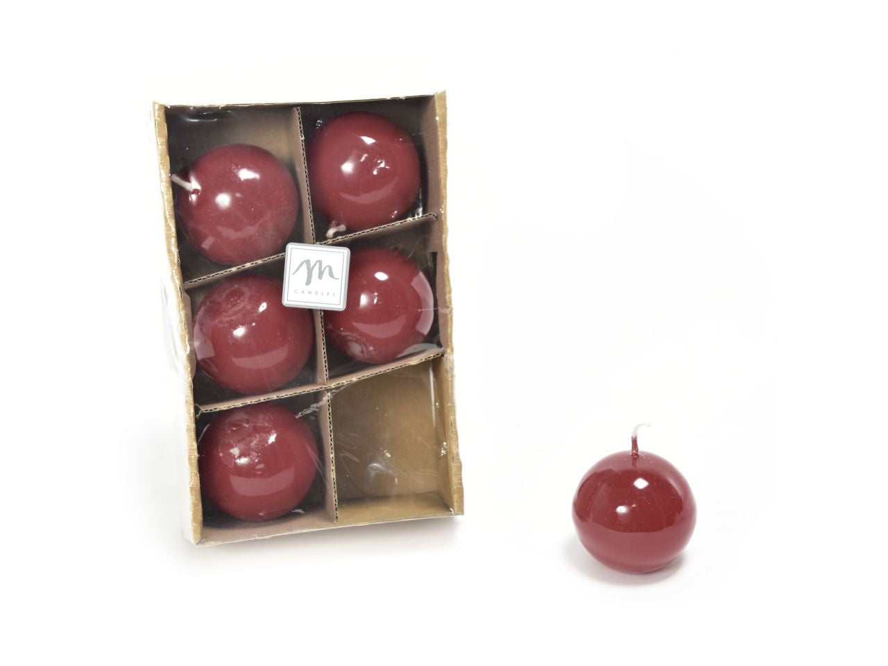 Candele natalizie sfera in cera - set da 6 candele linea lucid bordeaux misura d.4,5cm in scatola bianca