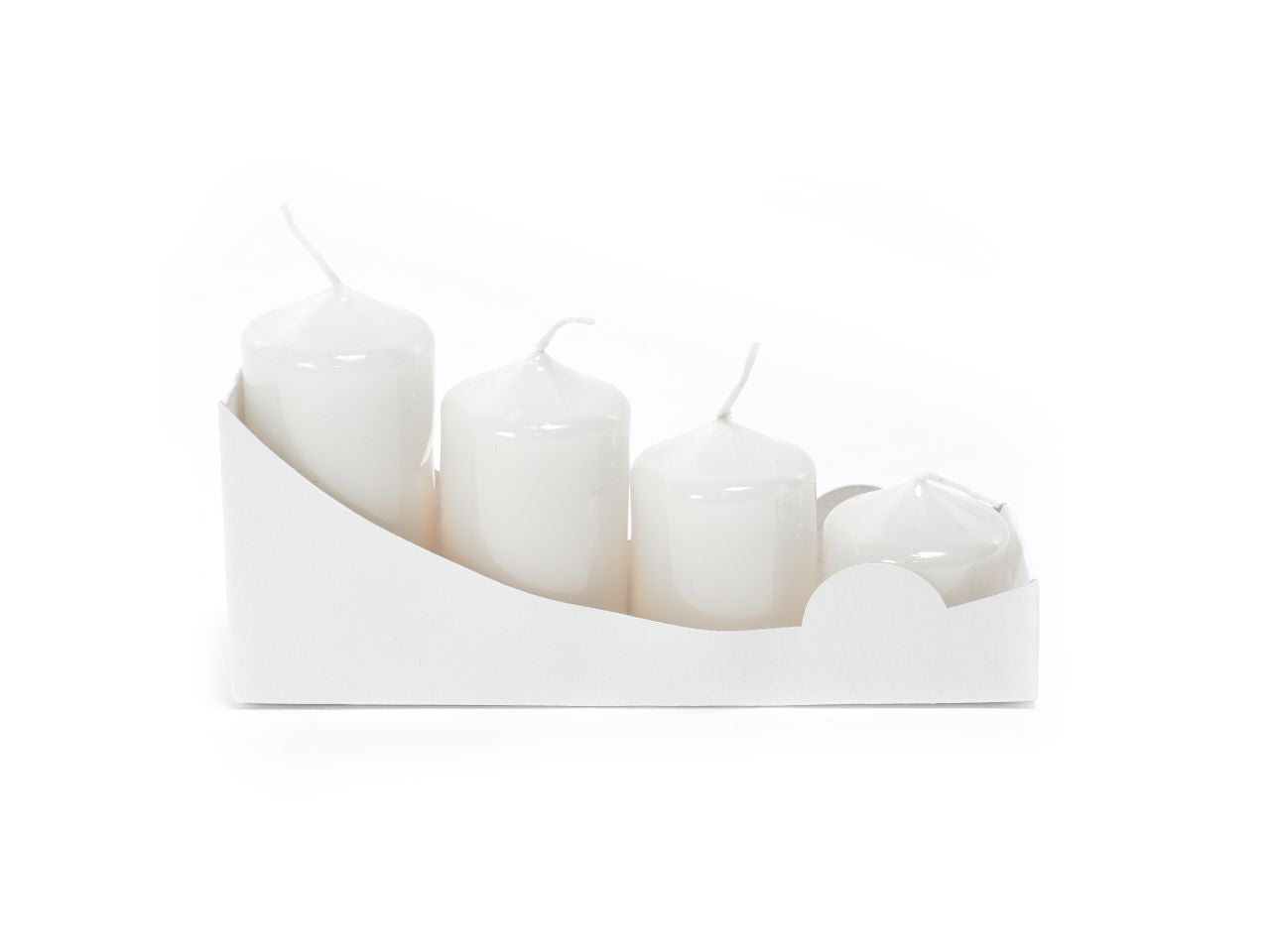 Candele natalizie pillar linea avvento - set da 4 candele lucid colore bianco misura h.8,5, 7, 5,5, 4cm x d.4cm in scatola bianca