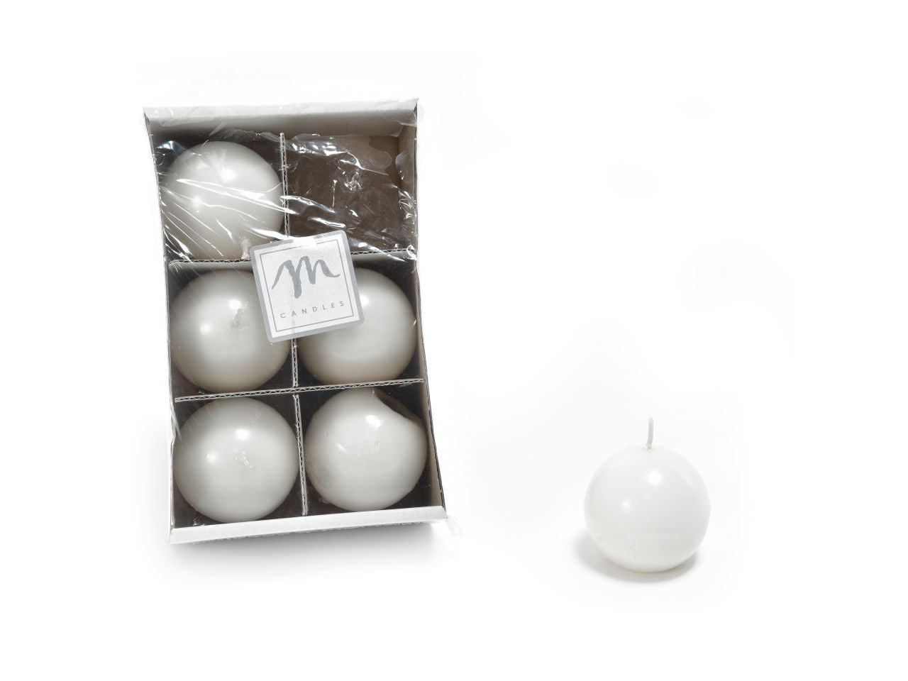 Candele natalizie sfera in cera linea lucid - set da 6 candele colore bianco misura d.4,5cm in scatola bianca