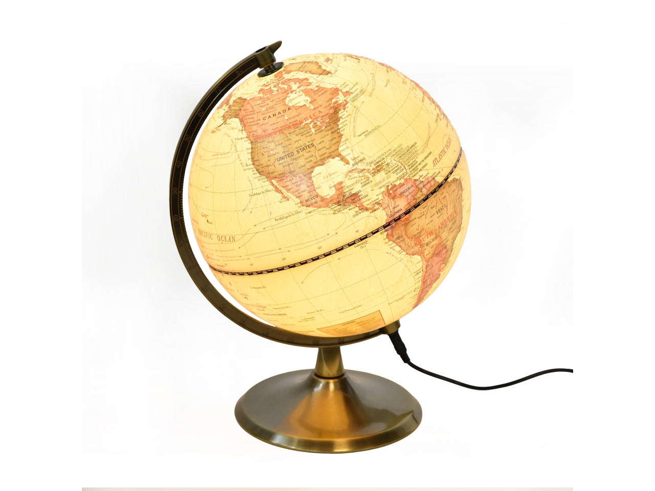 Mappamondo luminoso vintage giallo con base in metallo dorato - Mercury