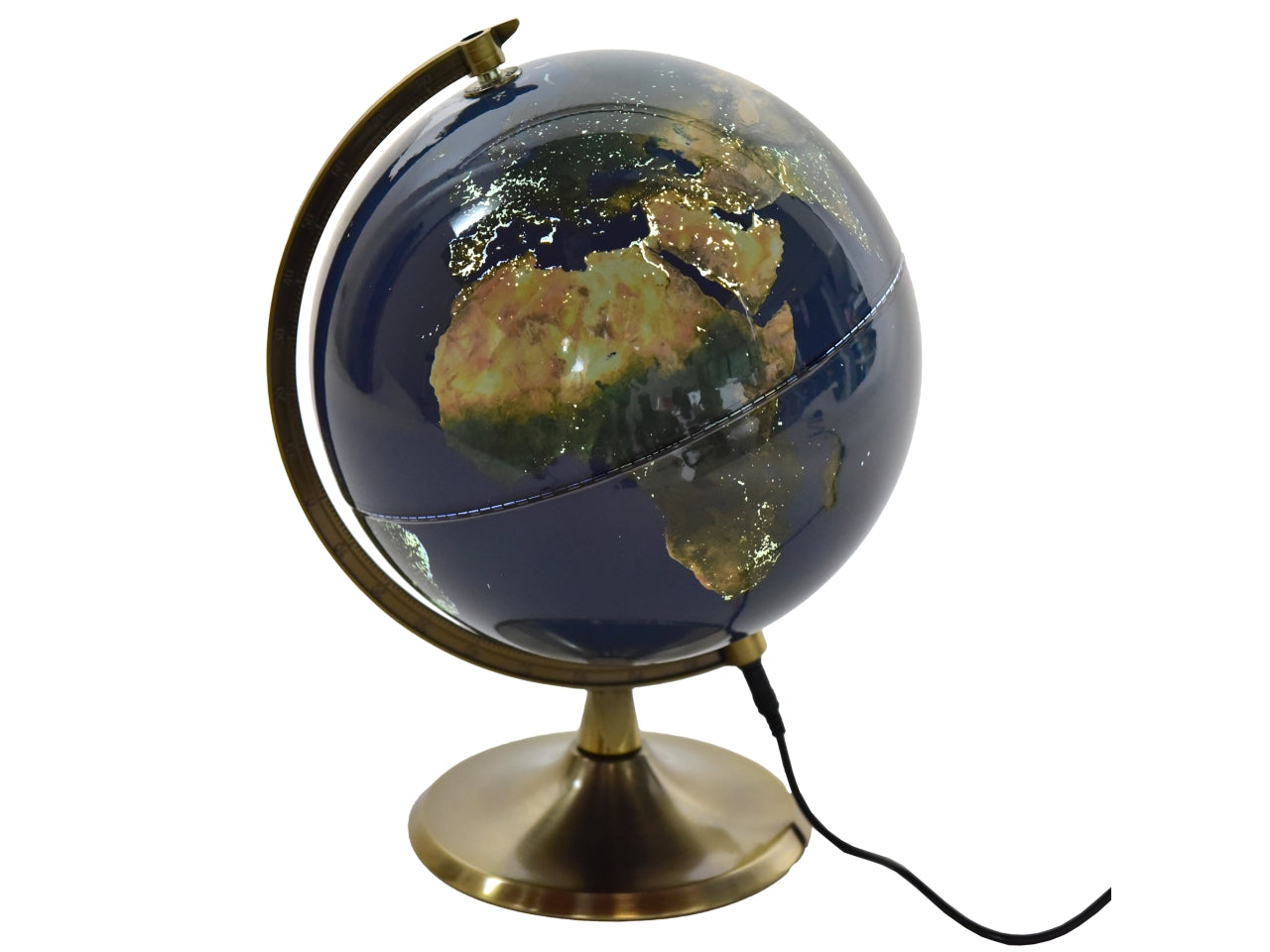 Mappamondo luminoso vintage blu notte con base in metallo dorato - Mercury