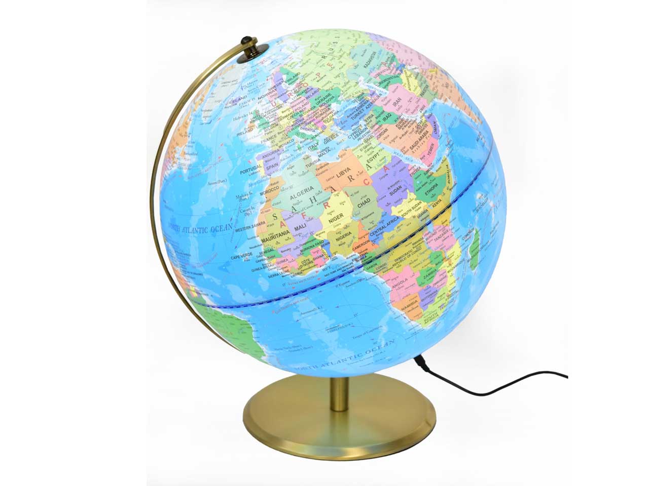 Mappamondo luminoso, stile contemporaneo multicolor con piedistallo dorato, 30 cm - Mercury