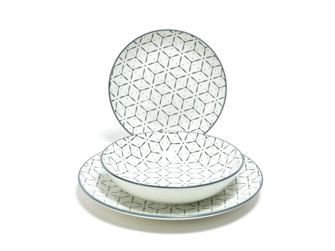 Servizio di Piatti Mercury Diana in Porcellana Bianco e Blu, 18 Pezzi con Fantasia Geometrica Stile Mediterraneo - Piatti Servizio Completamente Lavabili