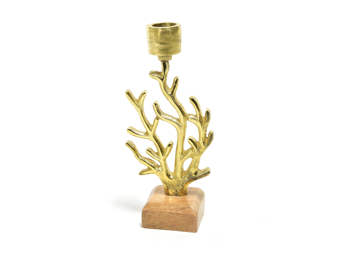Portacandela corallo ad uno fuoco in alluminio oro e legno stile marinaro 8x5x18 cm - Mercury