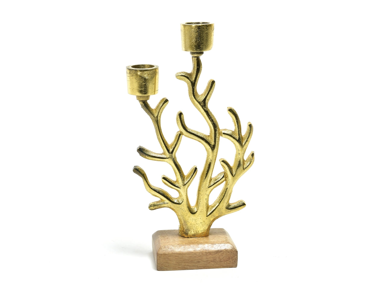 Portacandela corallo a due fuochi in alluminio oro e legno stile marinaro 12x5x23 cm - Mercury